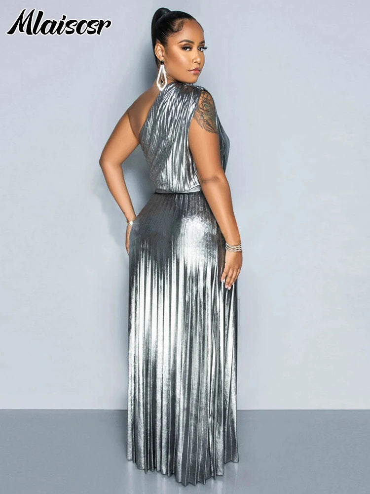 Mlaiscsr Metallic Golden One Shoulder Sleeveless Pleated A-Line Long Dress Elegant Women Luxury Birthday Evening Gowns Vestidos