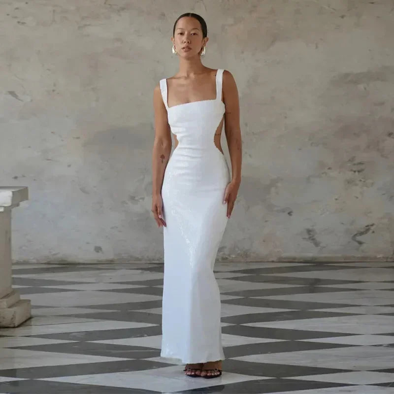 Sexy Square Neck Sling Long Dress Women Slim Sleeveless Backless Hollow Out Maxi Dresses 2025 Lady Party Christmas Gowns