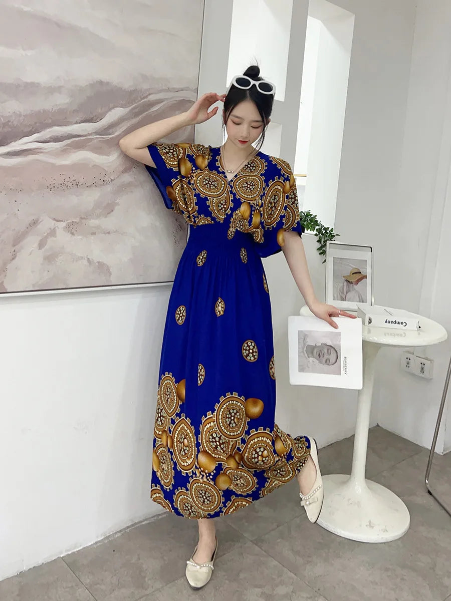 V-neck Large Skirt Hem Casual Sweet Holiday Long Dress Bat Sleeves Elastic Waist Bohemian Print Floral Elegant Dresse For Women