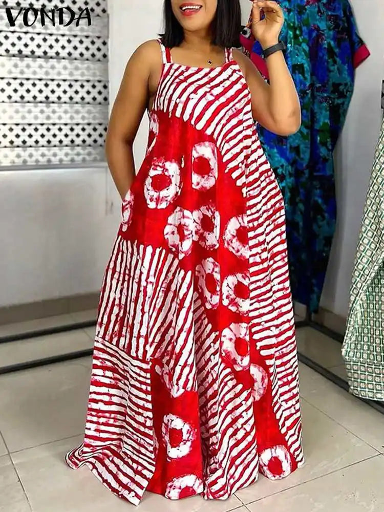 Plus Size Maxi Long Dress Bohemian Sleeveless Printed Party Sundress 2024 VONDA Summer Tank Vestidos Beach Loose Casual Robe