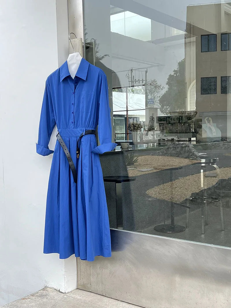 Polo‘s Collar Shirt Dress Women Spring Slimming Long Dress With A Cinched Waist Blue / Pink