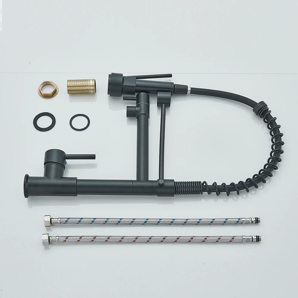 Black Pull Down Kitchen Sink Faucet Hot Cold Water Mixer Crane Tap with Dual Spout 360 Rotation High Faucet Deck Mounted