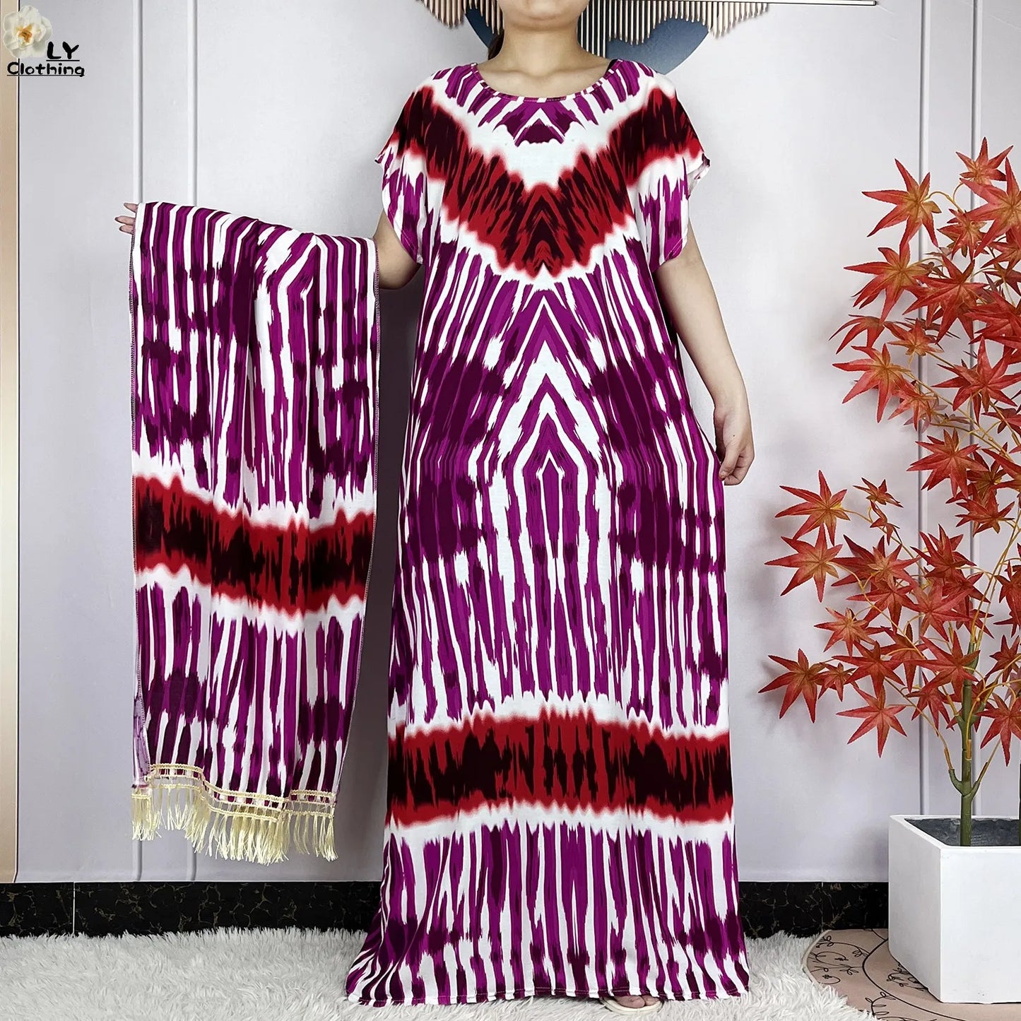 2024 New Style Short Sleeve African Dashiki Tie-dyed Cotton Abaya Caftan Lady Summer Maxi Islam Casual Dresses With Big Scarf