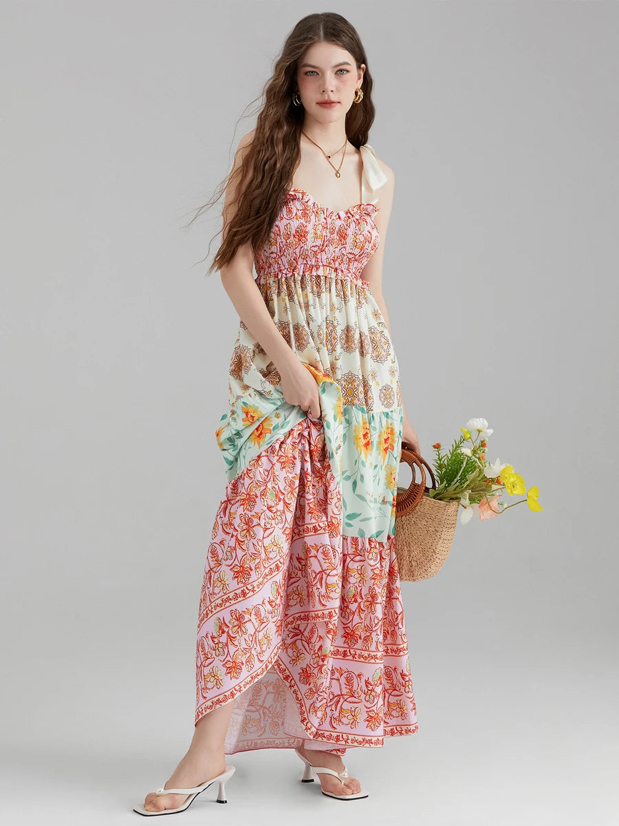 Combhasaki Women's Y2K Vintage Floral Print Ribbon Tie-Up Shoulder Straps Sleeveless V-Neck Summer Big Swing A-line Long Dress