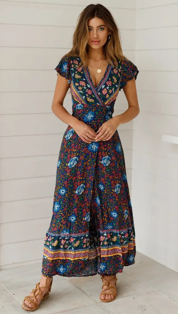 Summer Dress Women 2024 Short Sleeveless Casual V-neck Floral Print Boho Beach Long Dress S-3XL Sexy Split Party Robe