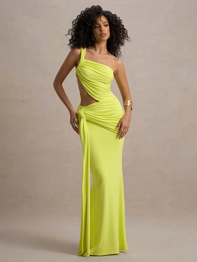 Mozision Irregular Ruched Sexy Maxi Dress For Women Gown Hollow Out One Shoulder Sleevelessdraped Bodycon Club Party Long Dress