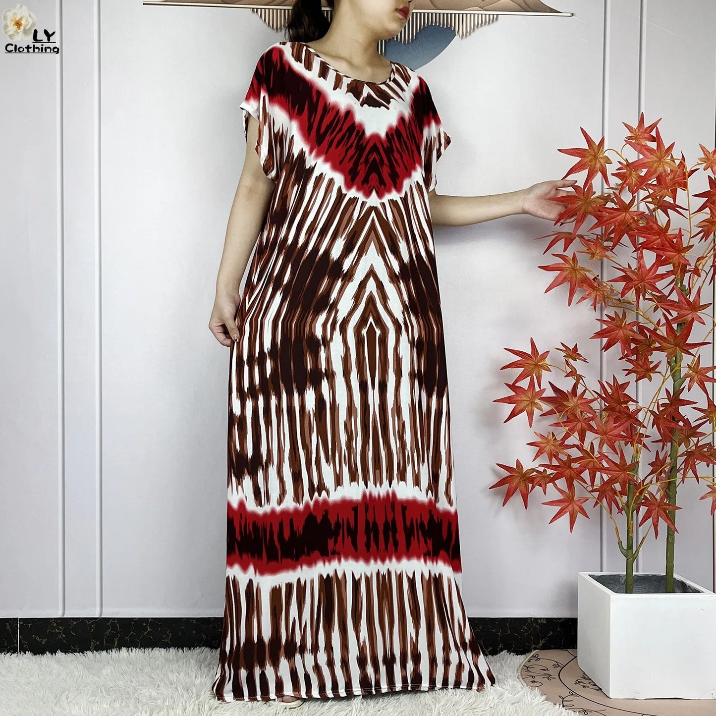 2024 New Style Short Sleeve African Dashiki Tie-dyed Cotton Abaya Caftan Lady Summer Maxi Islam Casual Dresses With Big Scarf