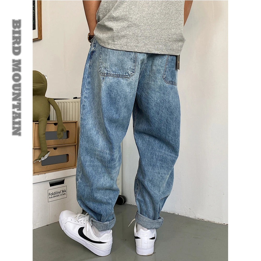 Spring Autumn Japanese Streetwear Retro Casual Denim Cargo Pants Men Clothing Loose Straight Harem Trousers Harajuku Jeans