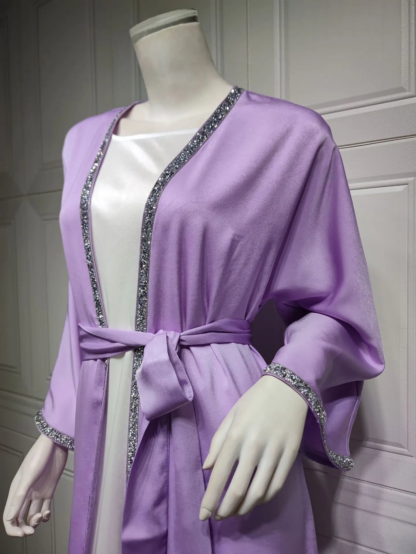 2024 Muslim Dress Diamond Women's Long Dress Fashion Long Sleeve Lace-up Long Abayas Casual Solid Color Clothes for Muslim Women