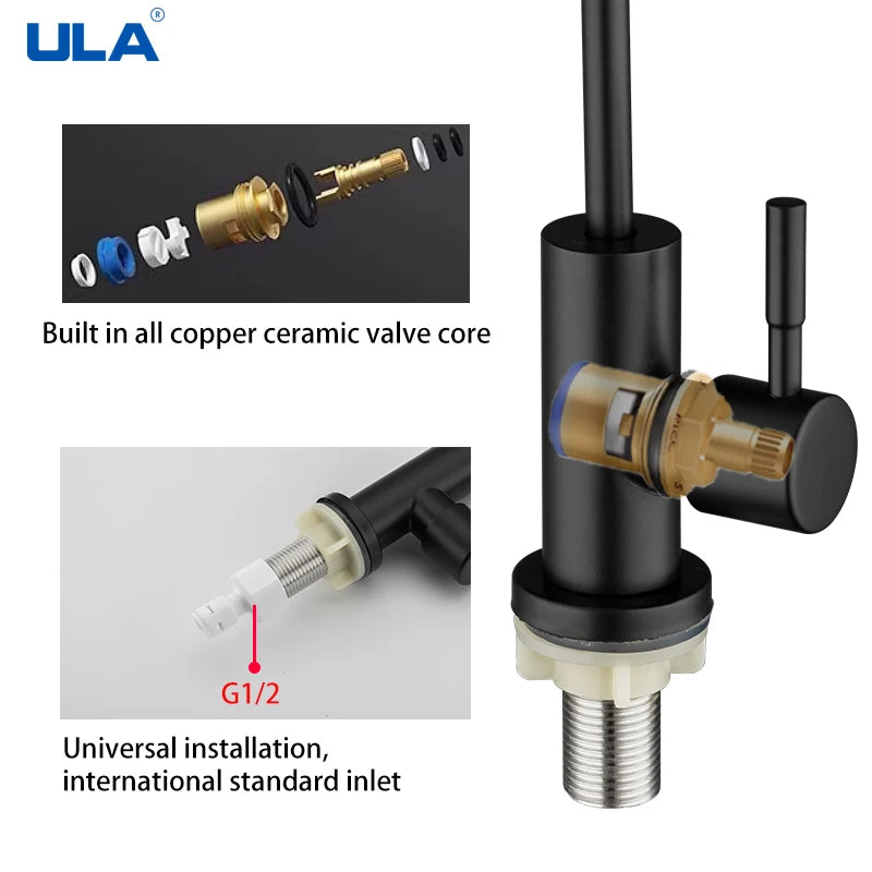 ULA 1/4"Kitchen Filtered Faucet Stainless Steel Direct Purifier Direct Drinking Tap Single Cold Water Sink Faucet Black/Brushed