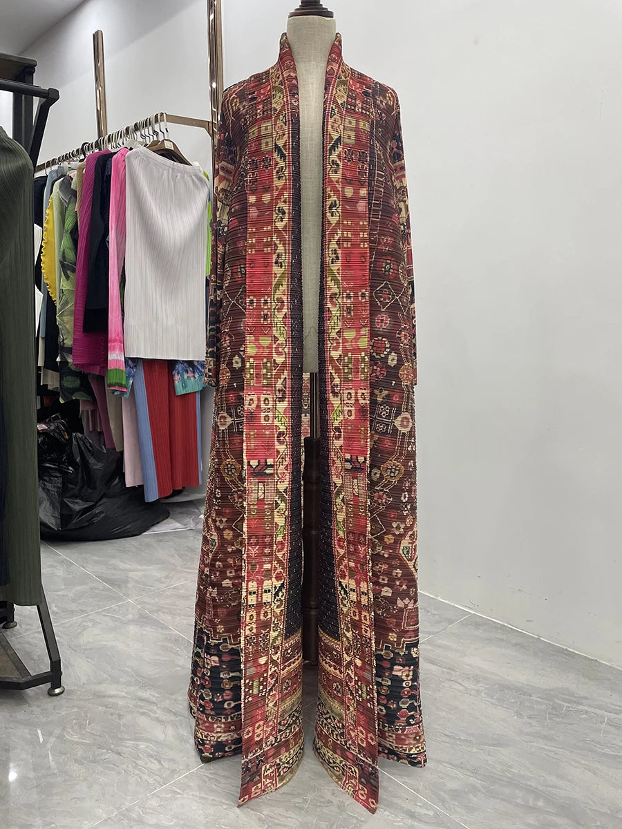 Miyake Pleated V-neck Batwing Sleeve Printed Dress Women Designer Abaya Fashion Summer Elegant Causal Loose Long Dress
