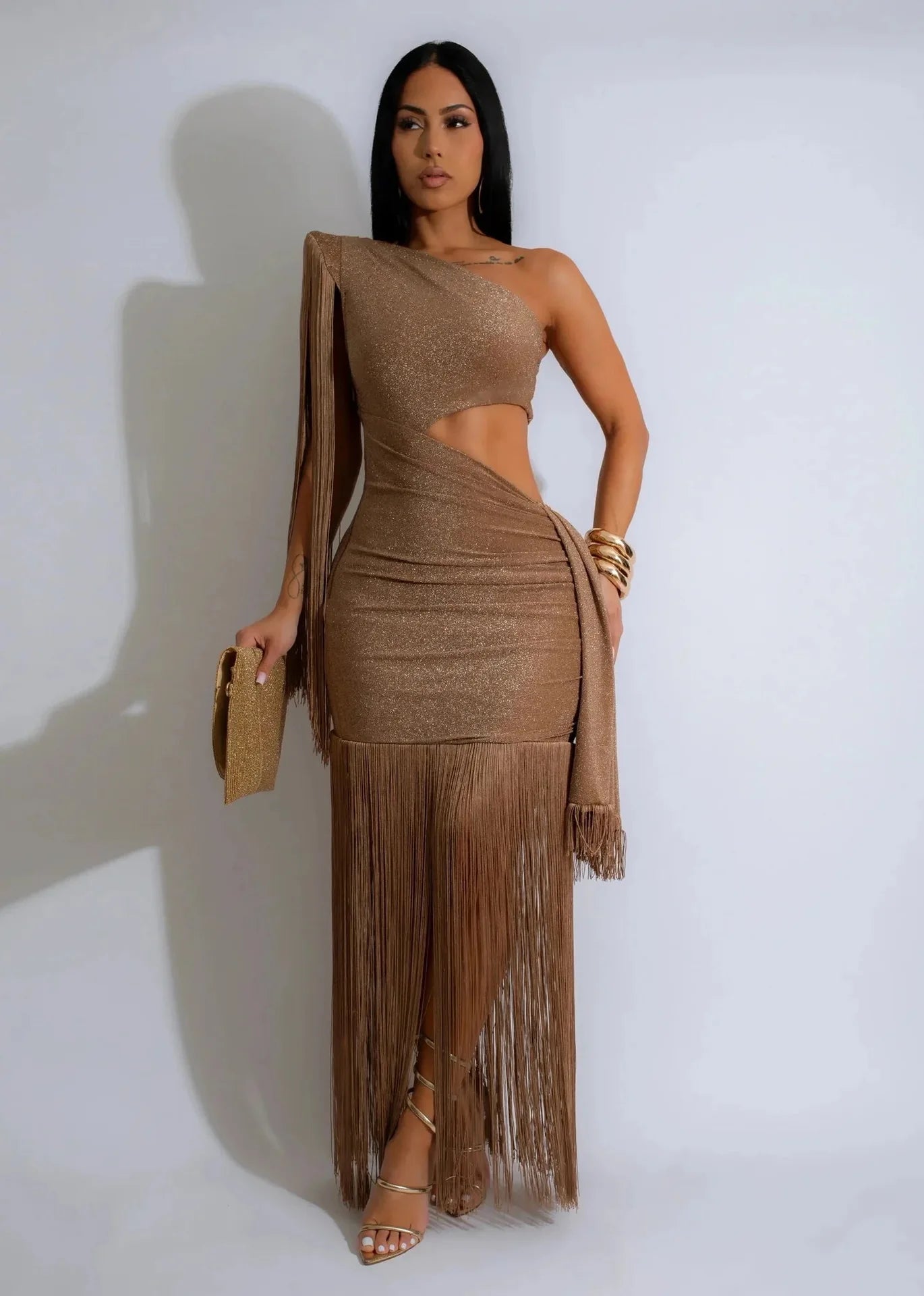 CM.YAYA Women One Shoulder Tassel Sleeveless Long Dress Diagonal Collar Summer Street Evening Sexy Night Party Dresses Vestidos