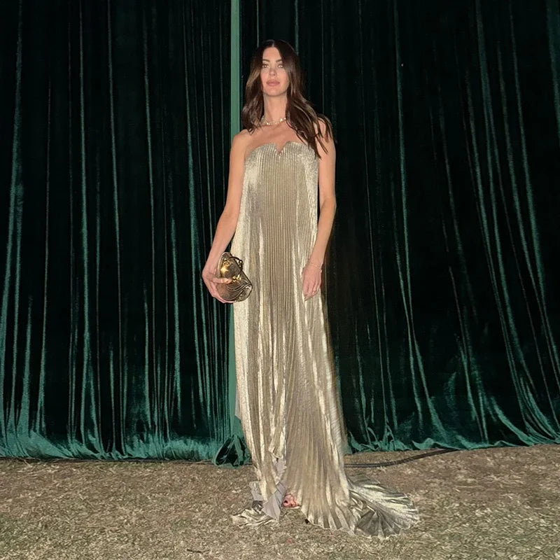 Elegant Pleat Long Dress Women Loose Tube Top Shiny Backless Sleeveless Dresses Female 2025 Summer Lady Party Evening Robes