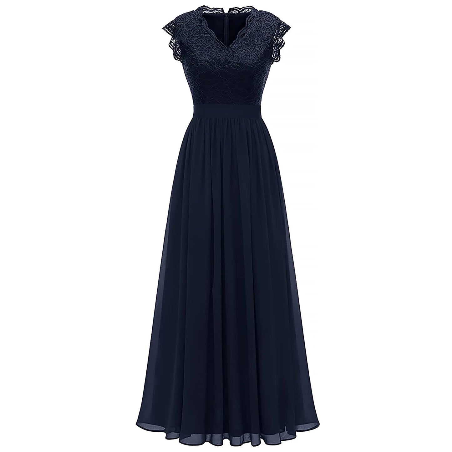 Elegant Women's Party Bridesmaid Long Dress Lace Patchwork Chiffon Sleeveless Wedding V Neck One Piece Formal Party Midi Dress
