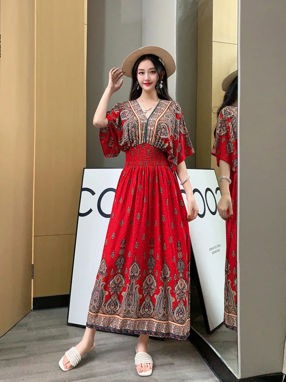 V-neck Large Skirt Hem Casual Sweet Holiday Long Dress Bat Sleeves Elastic Waist Bohemian Print Floral Elegant Dresse For Women
