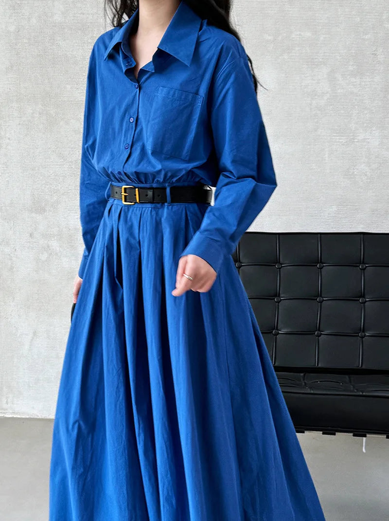 Polo‘s Collar Shirt Dress Women Spring Slimming Long Dress With A Cinched Waist Blue / Pink