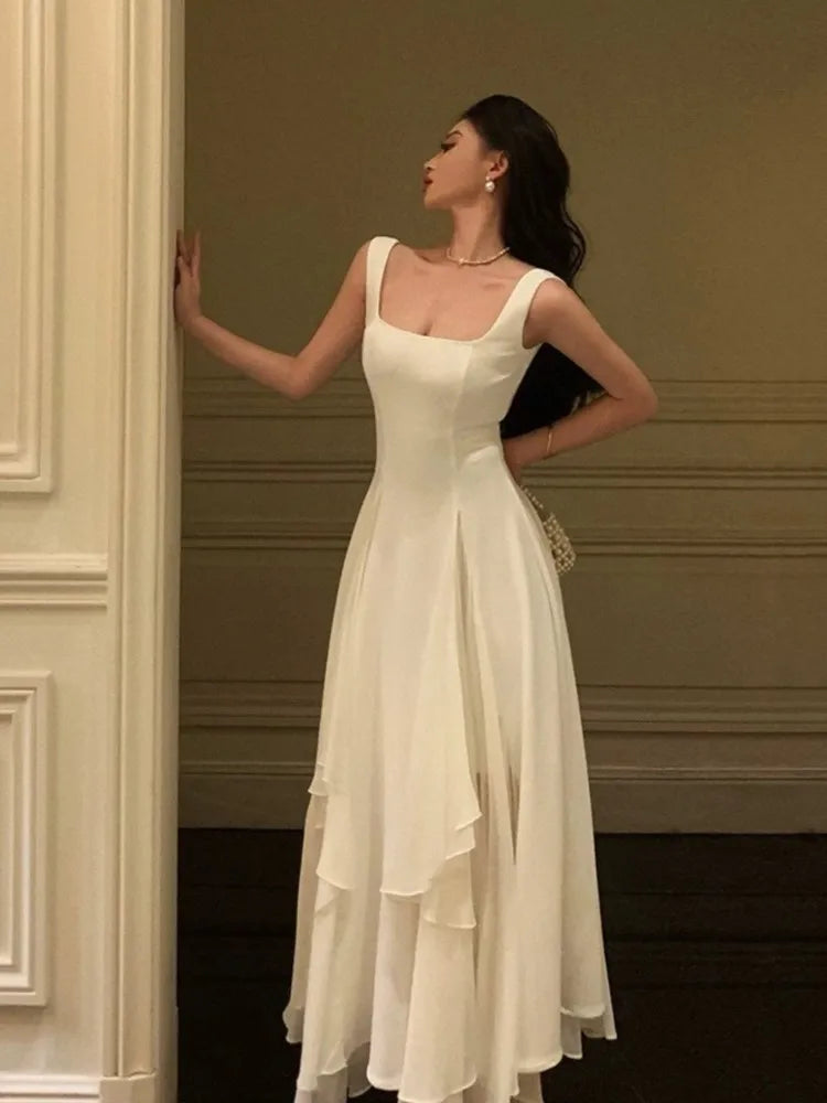 Summer Solid Elegant Camisole Long Dress Women Sweet Sleeveless A-Line Ruffles Fairy Dress Female Evening Party Vestidos Largos