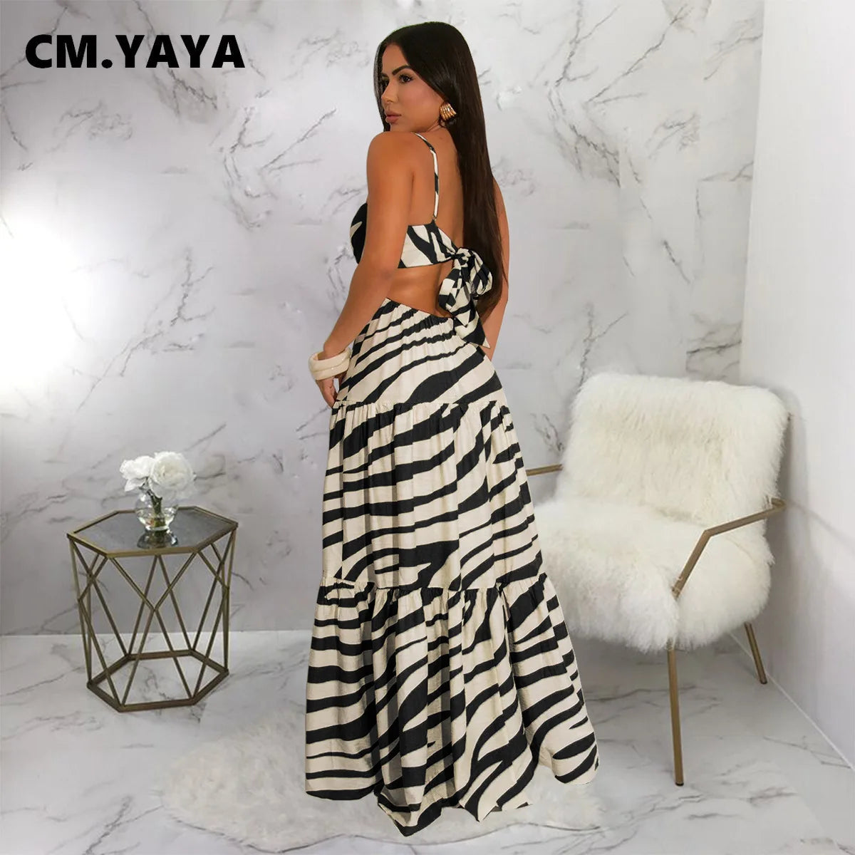 CM.YAYA Printed Women Strap Sleeveless Backless Long Dress 2025 Birthday Beach Evening Sexy Night Party Maxi Dresses Vestidos