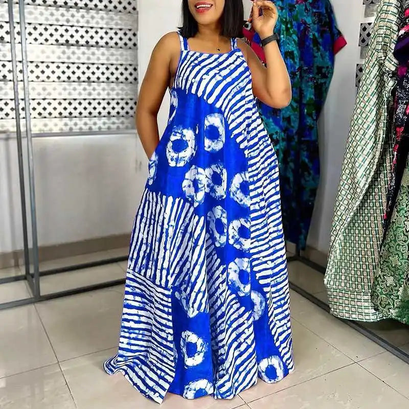 Plus Size Maxi Long Dress Bohemian Sleeveless Printed Party Sundress 2024 VONDA Summer Tank Vestidos Beach Loose Casual Robe