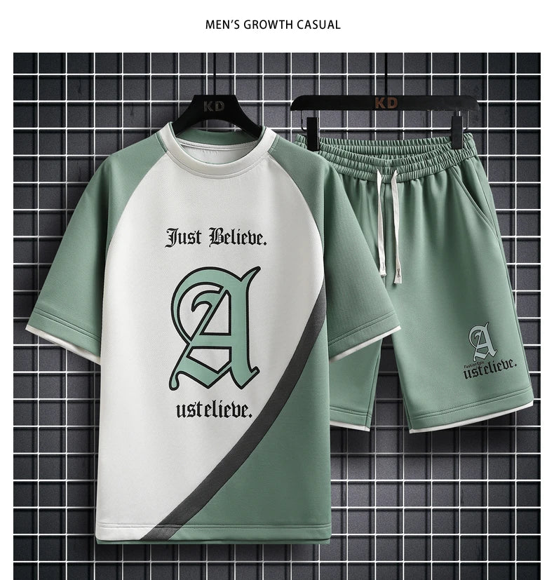 Summer Men Sets Streetwear plaid Short Sleeve T-Shirts +Shorts Breathable Chinese Style Man Sportswear 2 Pieces Suits