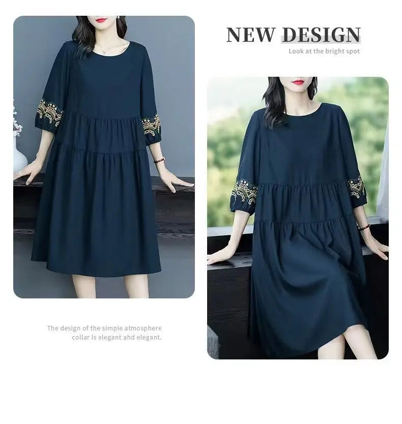 Oversized Women Vintage Long Dress Fashion Casual Spring Summer New 3/4 Sleeve Indie Folk Embroidery Big Size Pullover Midi Robe