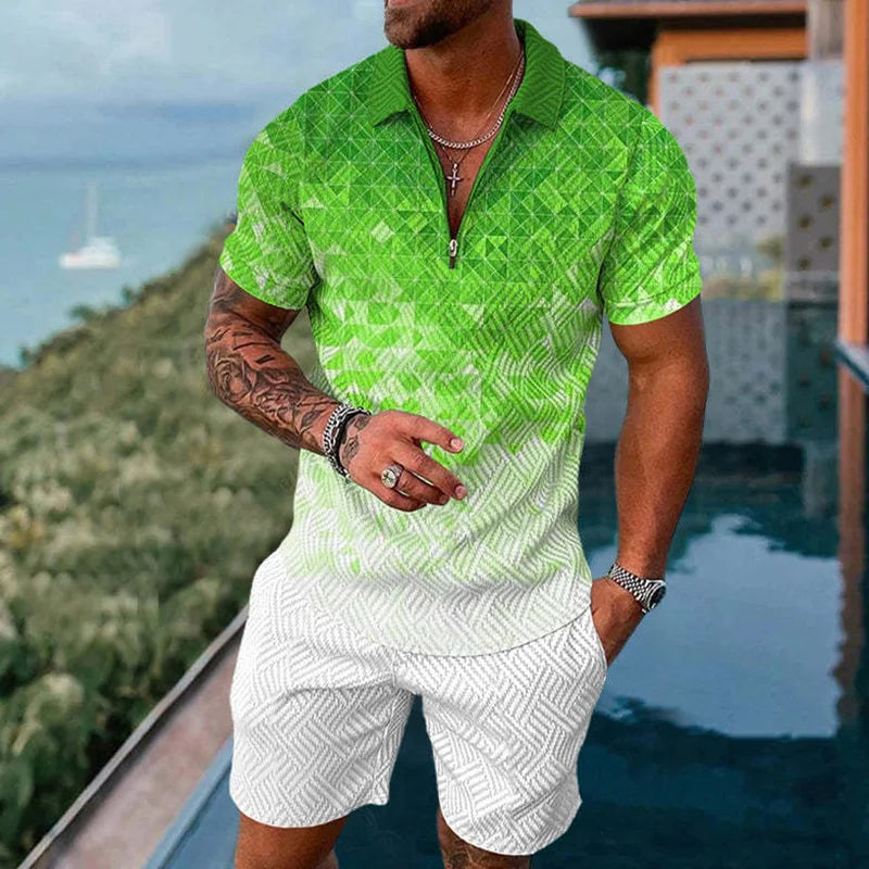 Solid Color Gradient Print Men's Sweatsuit Set Summer Casual Zipper Polo Shirt And Shorts 2pcs Sets Trend Man Pullover Clothing