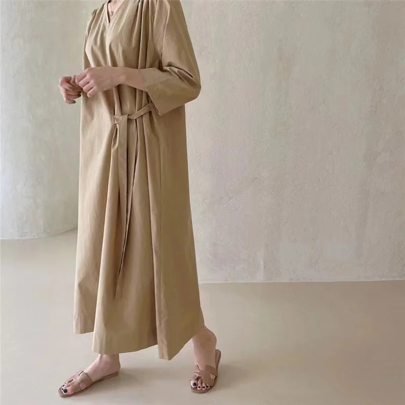 REALEFT 2024 New Summer Korean Vintage Women's Dresses Sashes Solid V-Neck Elegant Straight Loose Long Dress Female