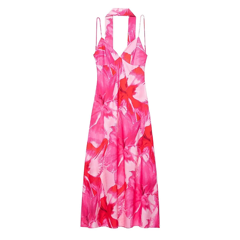 Elegant Printed Tighte Waist Women's Long Dress V-neck Slim A-line Robe 2025 Summer Beach Holiday Style Female's Long Dresses