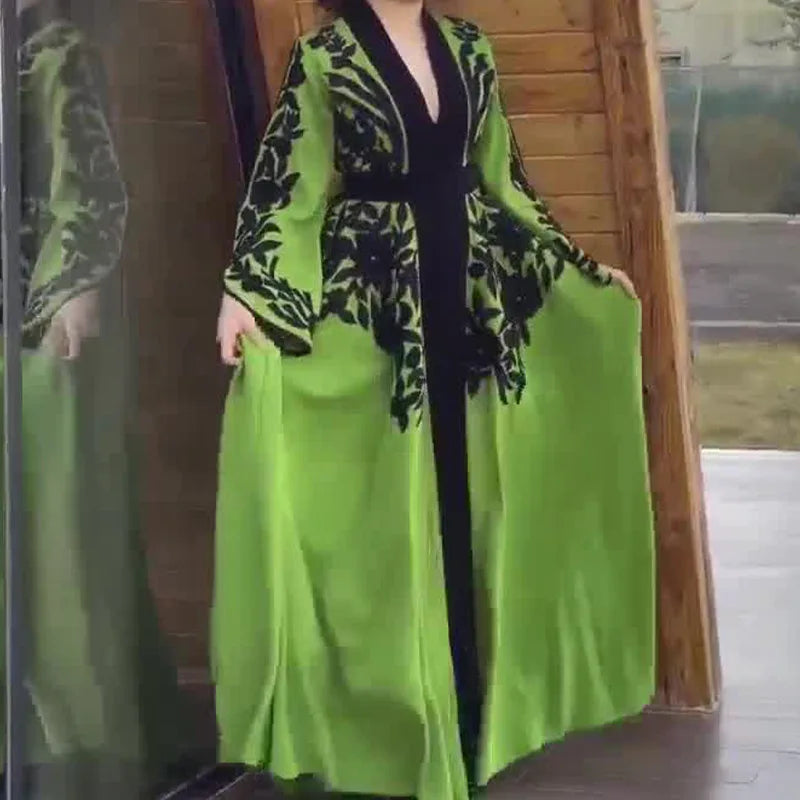 Dresses Women Print Long Dress Loose Casual Tight High Waist V Neck Full Sleeve Splice Elegant A Line Vestidos 2024 Spring