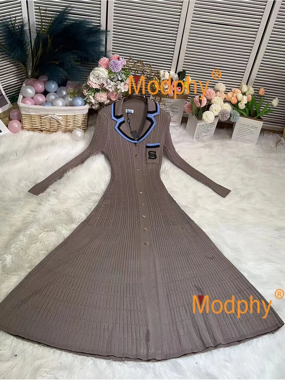 Modphy 2025 Elegant Slim Knitted Long Dress Women's Letter Single Breasted Long Sleeved Designer Vintage Dresses Autumn
