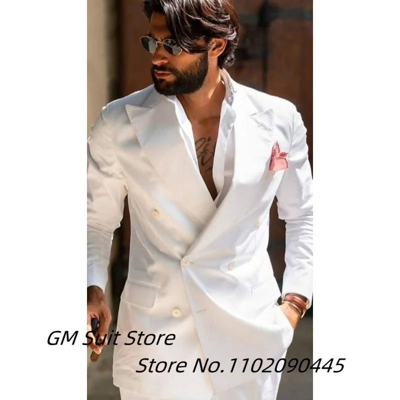 Men's Suit Two-piece Solid Color Double Breasted Fashion Spike Lapel Slim Fit Cropped Pants Casual Business Party Suits 2023