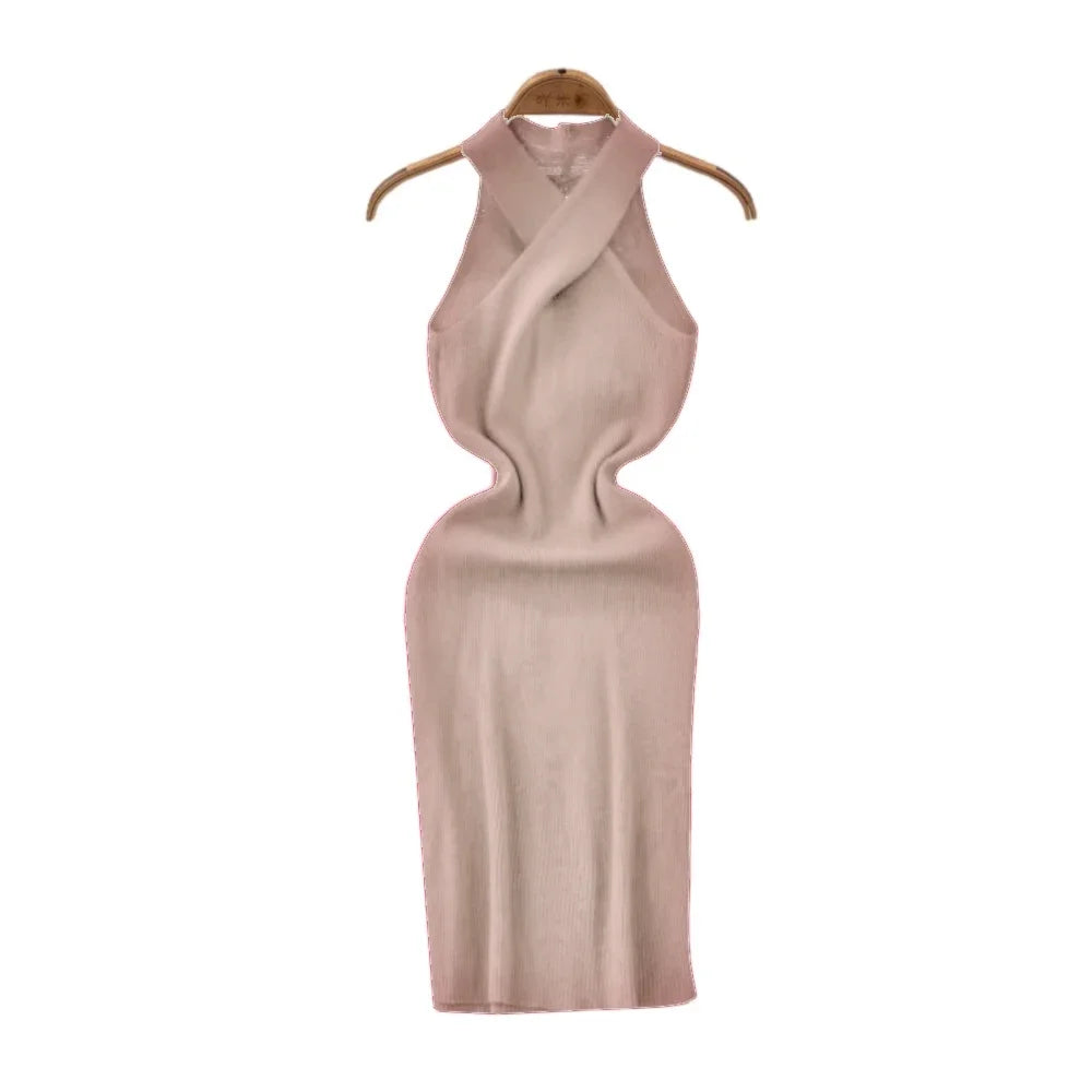 Solid 2024 Cross Knitted Women Dress Summer Strap Sleeveless Bodycon Dress Europe Style Halter Ladies Sexy Midi Long Dress