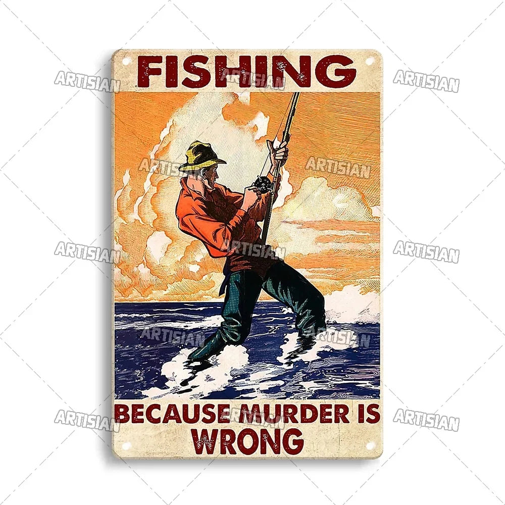 Artisian Fishing Metal Poster Sport Tin Sign Lure Bait Decorative Plaque Wall Decor Garage Bar Pub Club Hotel Cafe Kitchen Home