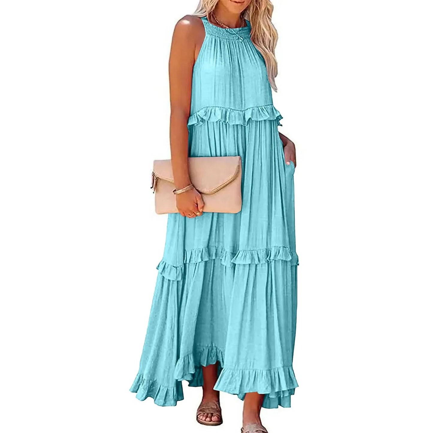 Women's Ruffled hem layered long dresses Summer Sleeveless backless dress Fashion Long Dress Big Swing Beach Dress vestidos
