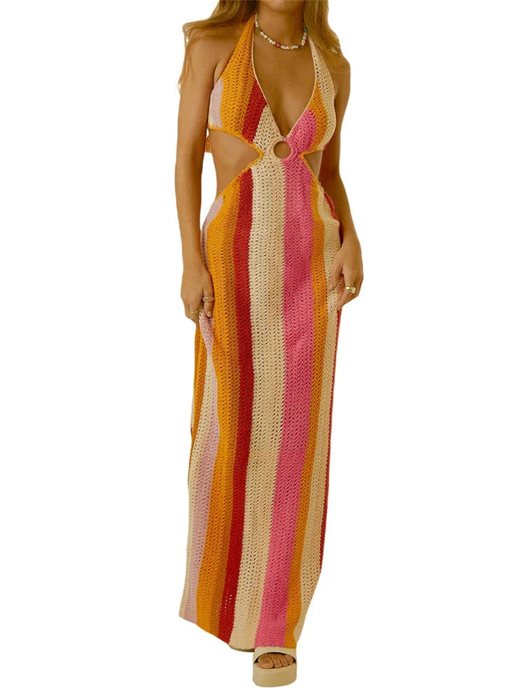 Y2K Cut Out Knitted Long Dress Women Contrast Sleeveless Halter V Neck Backless Dress Summer Bohemian Beach Sexy Dresses Female