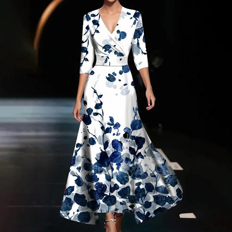 Elegant Women Long Dress Women V Neck 3/4 Sleeve A-Line Party Dresses For Women Fashion Flower Printed Vestidos Robe