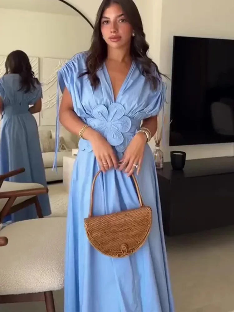 Women Blue V-neck Waist Strap Three-dimensional Flower Bow High Waist Long Dress