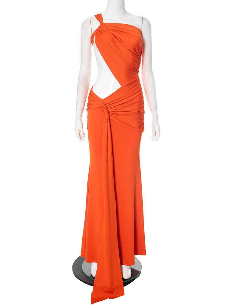 Mozision Irregular Ruched Sexy Maxi Dress For Women Gown Hollow Out One Shoulder Sleevelessdraped Bodycon Club Party Long Dress