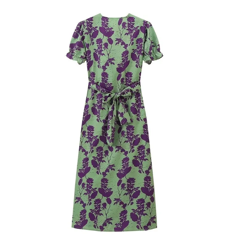 Summer Short Sleeve Print Long Dress Women Elegant Party Sexy Slim V Neck Green Dresses Elegantes Street Evening Vestidos