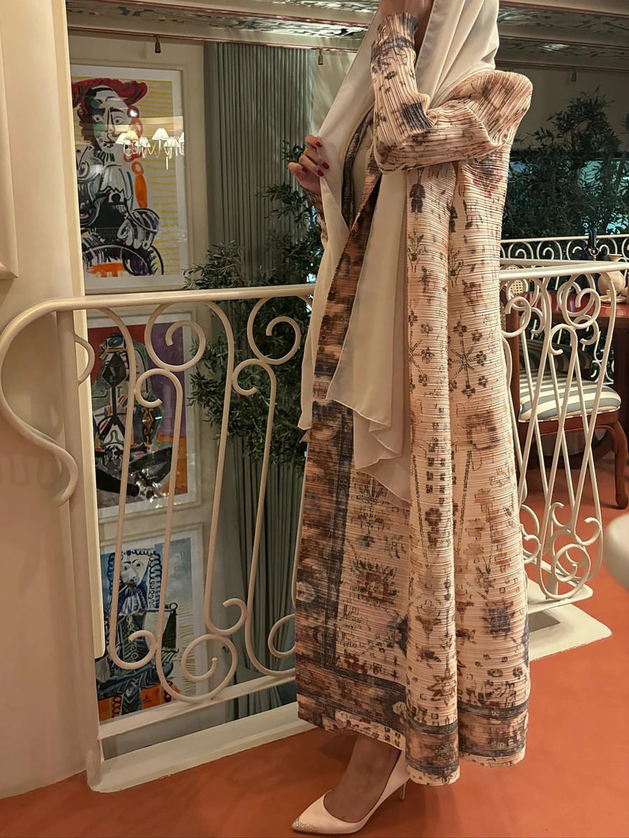 Miyake Pleated V-neck Batwing Sleeve Printed Dress Women Designer Abaya Fashion Summer Elegant Causal Loose Long Dress