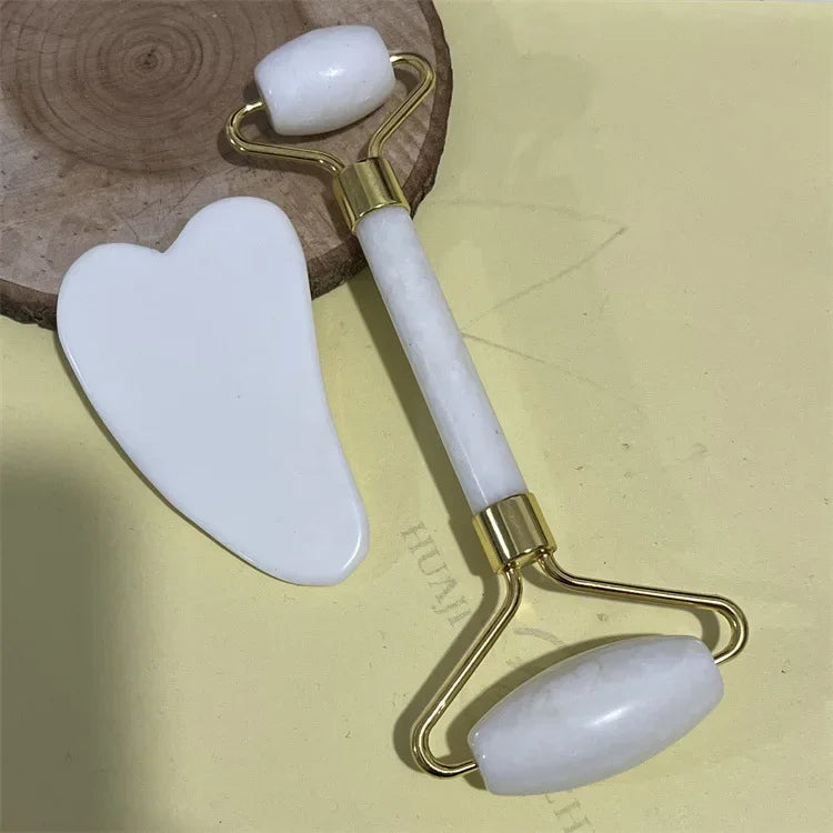 Natural Jade Double Head Roller Health Beauty Treatment Device Scraping Board Set Xiuyan Face Massager To Lift Remove Wrinkles