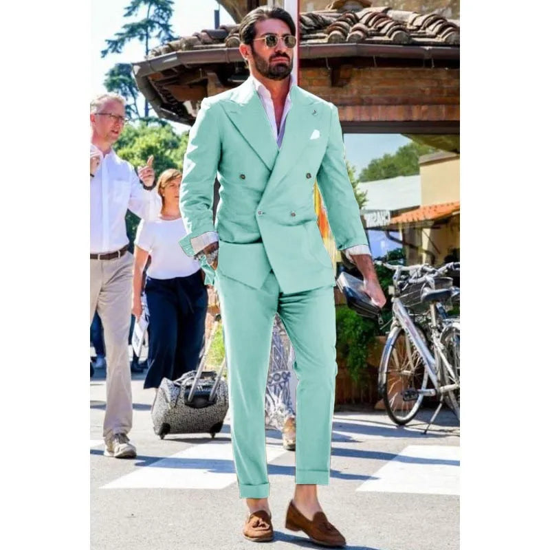 Men's Suit Two-piece Solid Color Double Breasted Fashion Spike Lapel Slim Fit Cropped Pants Casual Business Party Suits 2023