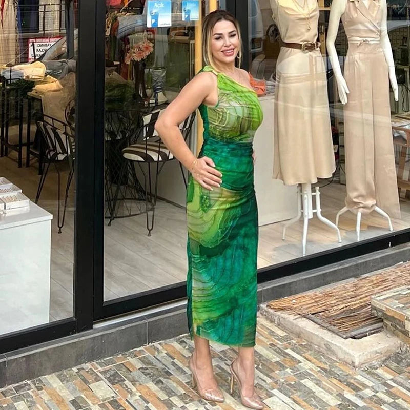 CUTENOVA Sexy Slash Collar Gradient Print Long Dress Summer Chic One-Shoulder Backless Party Dresses Sleeveless Hollow Slim Fit