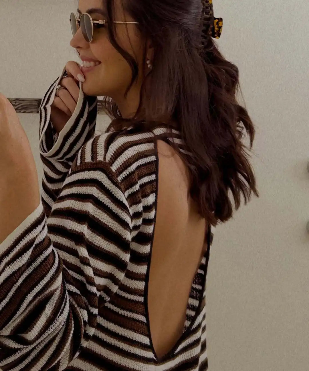 Talenza Knit Striped Mini Dress Women's Fashion Backless Cutout Long Sleeve Knit Dress Beach Vacation Boho Loose Casual Dresses
