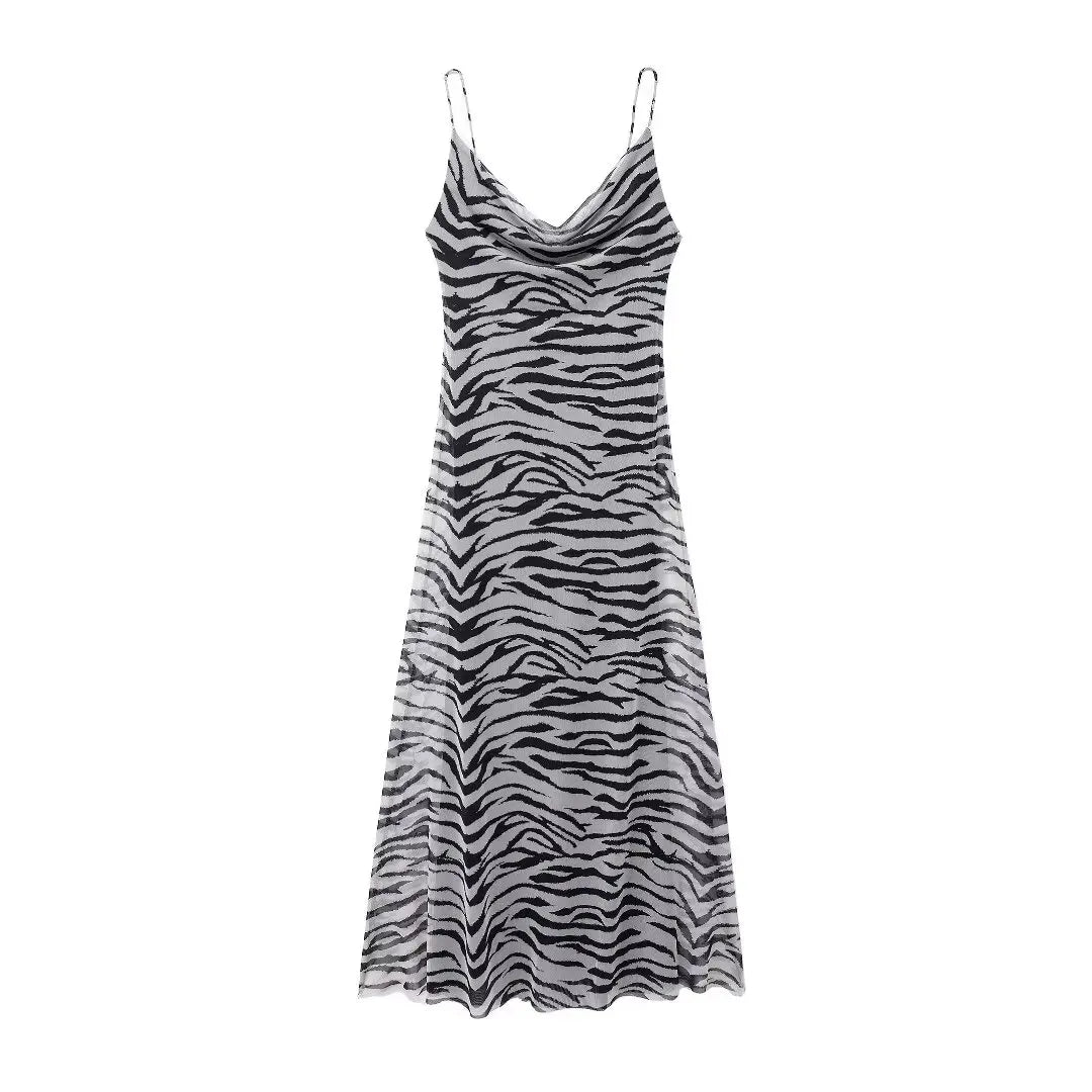 TRAFZA 2024 Women Summer Vintage Leopard Print Dress Sleeveless Backless Suspender Female Slim Casual Beach Party Long Dress