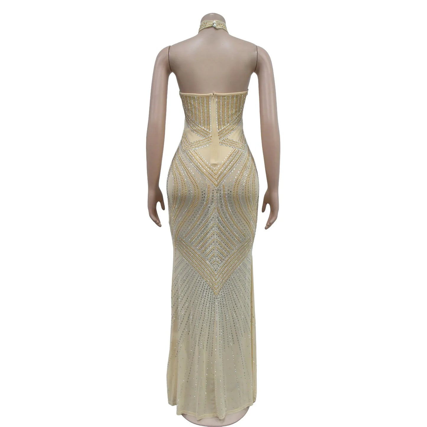 Fashion Women's Wear Solid Color Mesh Hot Rhinestone Halter Maxi Dress Sleeveless Formal Evening Long Dress Skinny Slim