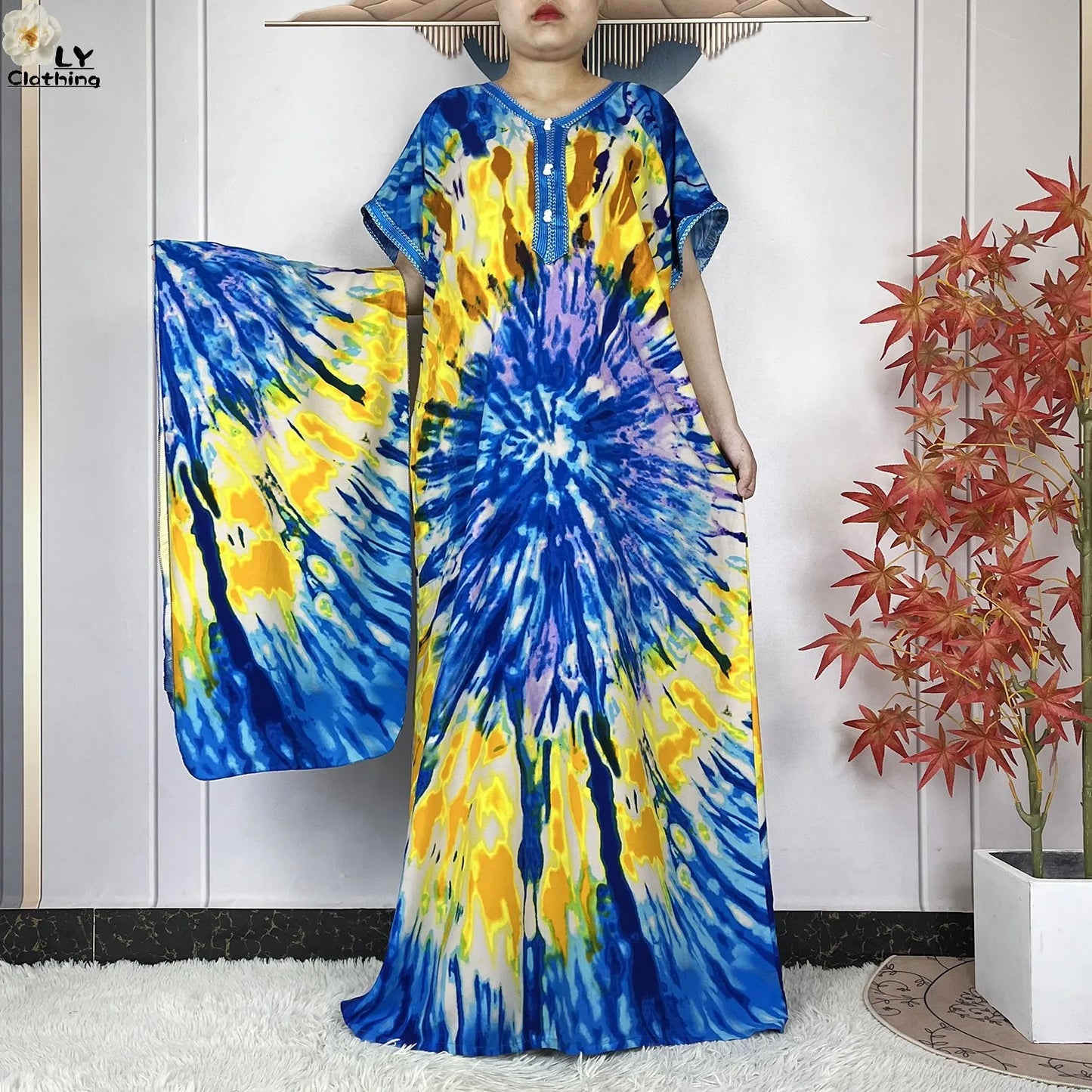 2024 New Style Short Sleeve African Dashiki Tie-dyed Cotton Abaya Caftan Lady Summer Maxi Islam Casual Dresses With Big Scarf