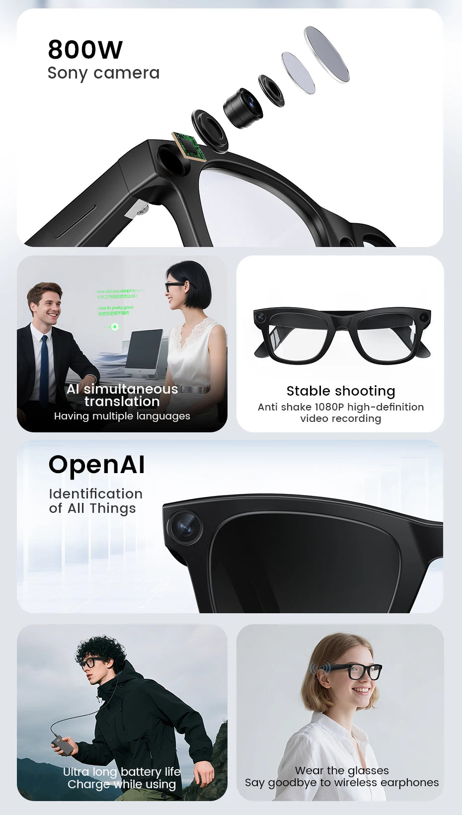 New Al Smart Glasses 800W HD Camera Anti Shake 1080P High-Definition Video Recording Touch Al Voice Wireless Call Smart Glasses