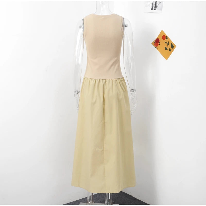 Fashion Patchwork Long Dress For Women Chic O-neck Sleeveless Party Midi Dresses Female Elegant Evening Holiday Lady Vestidos