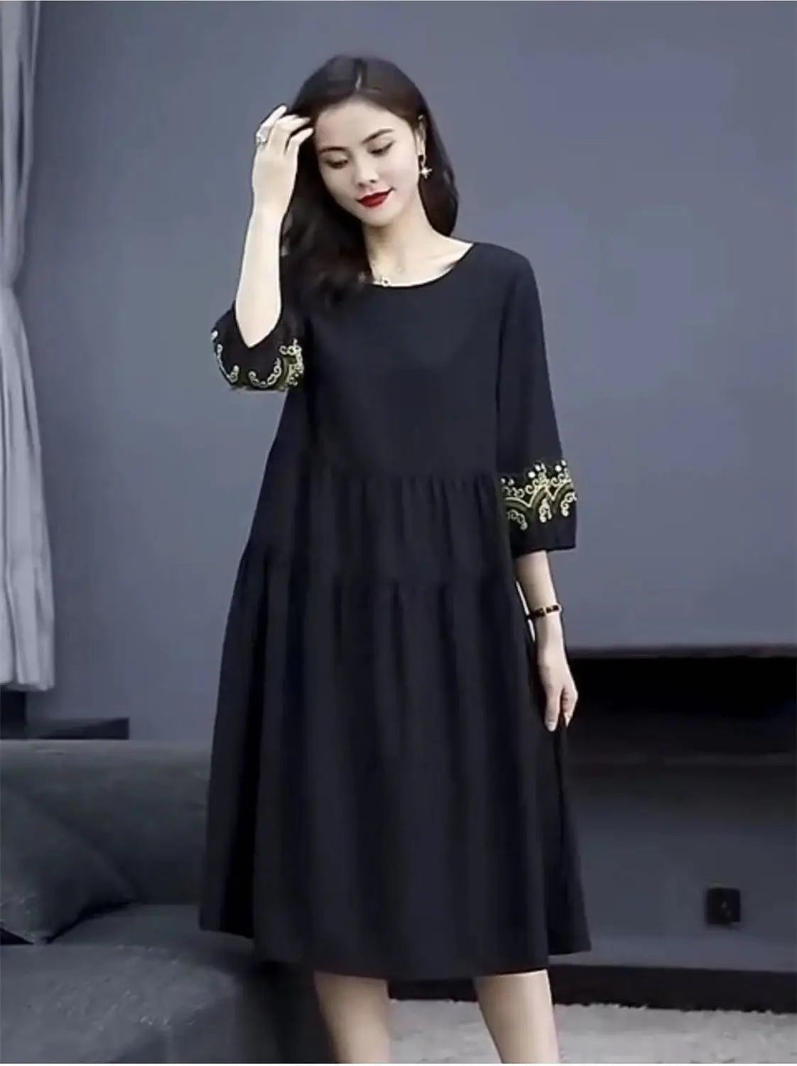 Oversized Women Vintage Long Dress Fashion Casual Spring Summer New 3/4 Sleeve Indie Folk Embroidery Big Size Pullover Midi Robe